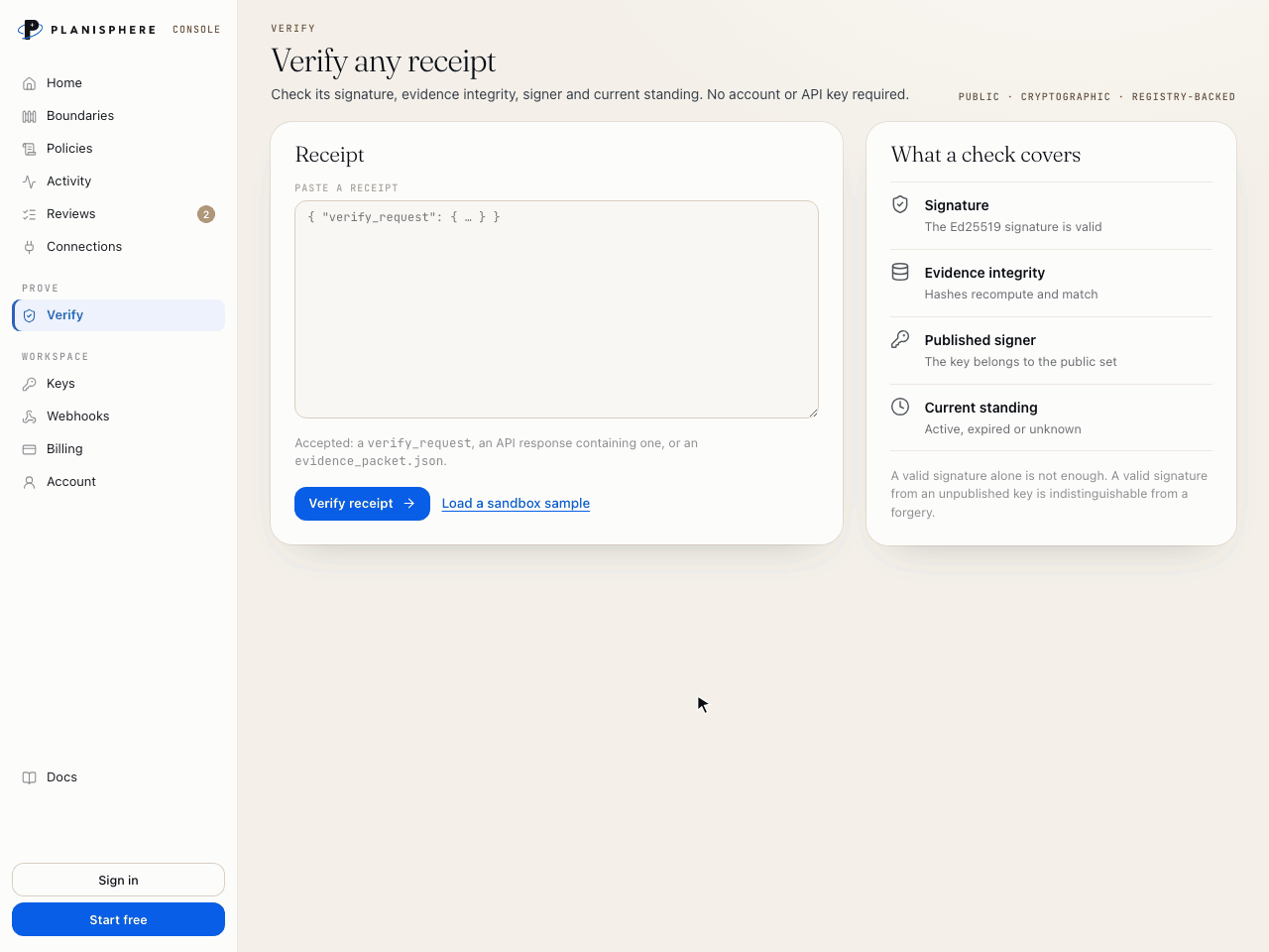 The console's public Verify page: loading a sandbox receipt and verifying it, with every check passing