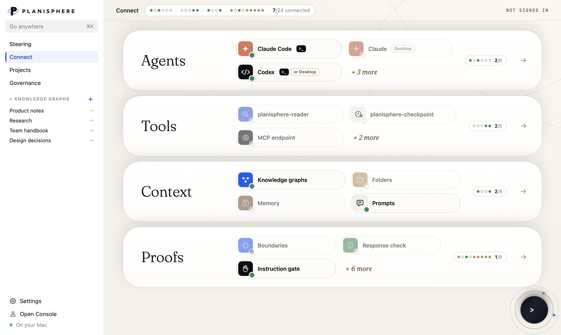 Planisphere for Mac, Connect: agents, tools, context and proofs
